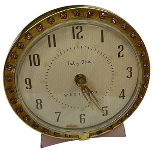 Westclox Baby Ben Clock Hers Pink Rhinestone Gold Tone Wind Up Alarm UV Reactive